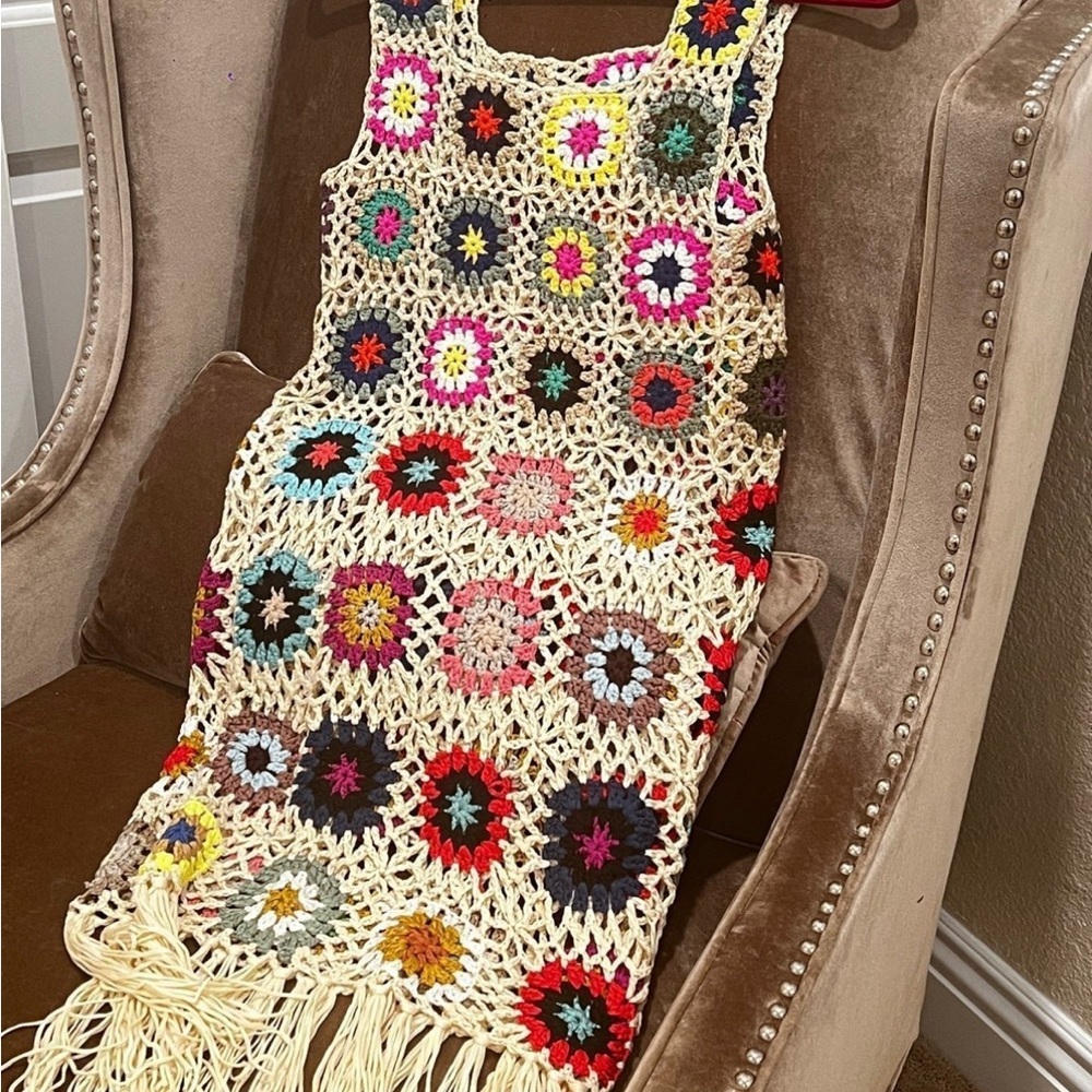 Boho Hawaiian Polynesian Multicolor Crochet Fringe Dress - Picture 6 of 6